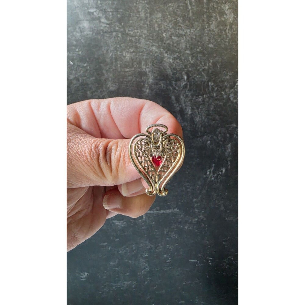 Heart Shaped Angel With Dangling Red Heart Charm Gold Tone Metal Pin Vintage